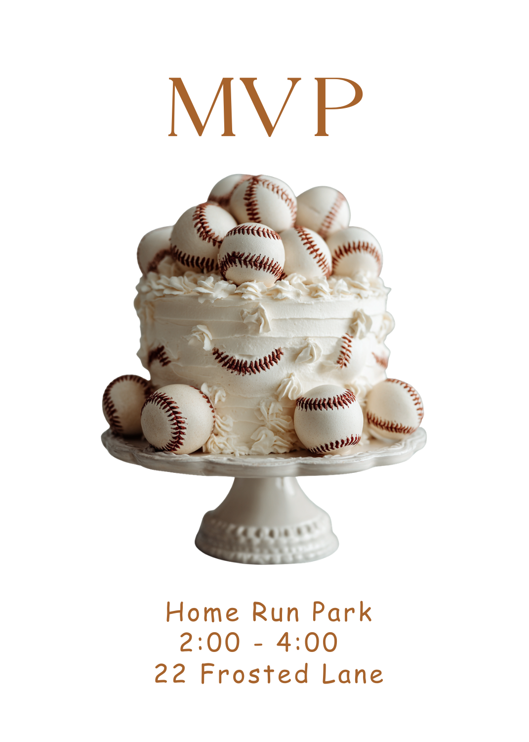 A white frosted cake on a stand, decorated with numerous realistic baseballs. The text 'MVP' is displayed prominently in brown at the top.