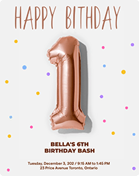 Rose gold number 1 balloon with confetti for first birthday