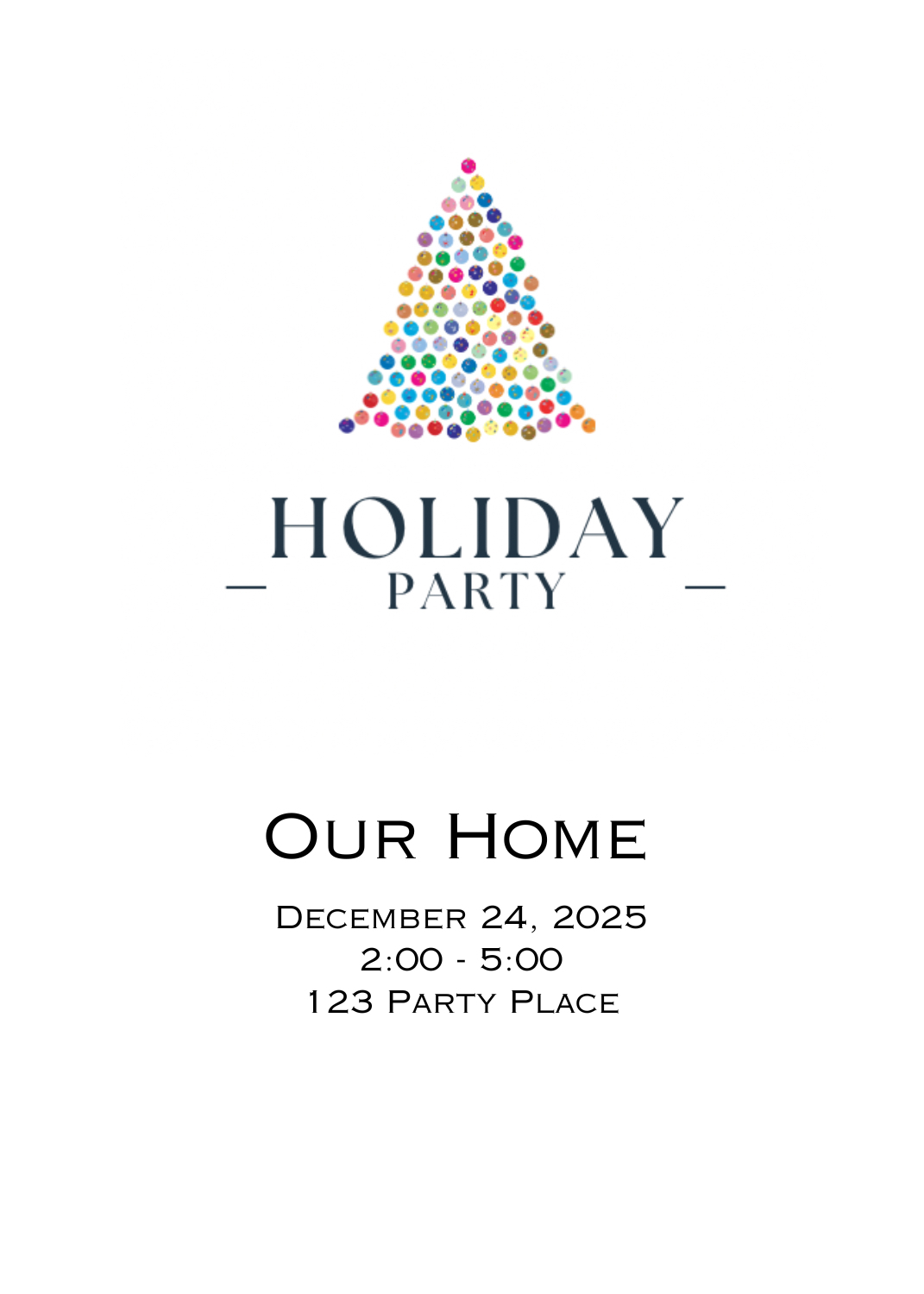 A holiday party invitation with a Christmas tree made of colorful polka dots. The text 'HOLIDAY PARTY' is below the tree. Event details are at the bottom.