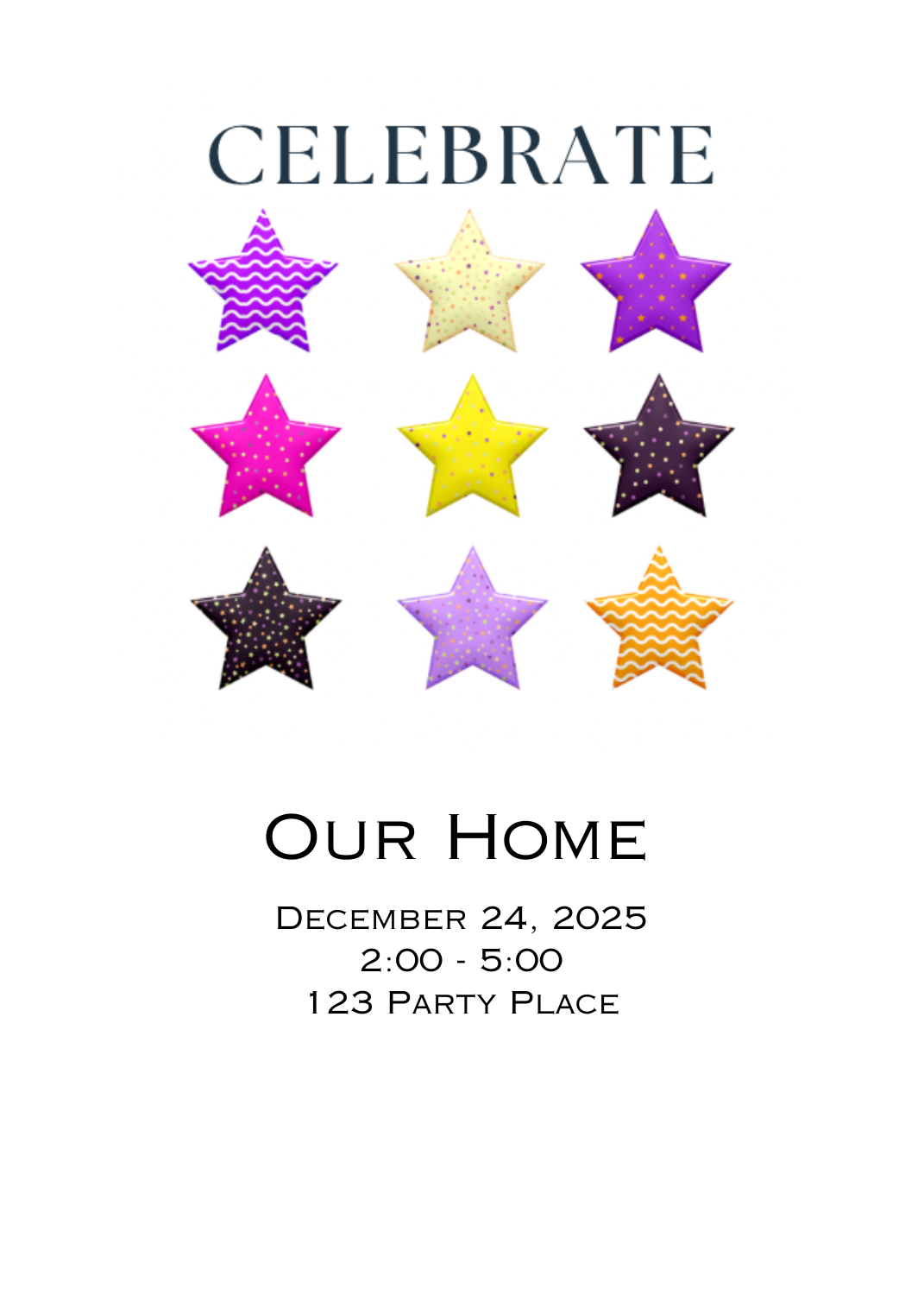 A party invitation with the word 'CELEBRATE' above a grid of nine colorful, patterned stars. Event details are at the bottom.