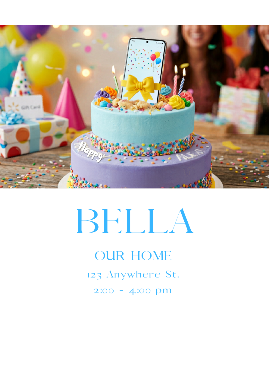 A two-tiered purple and blue sprinkle cake with a smartphone topper showing a festive confetti screen and a yellow ribbon.