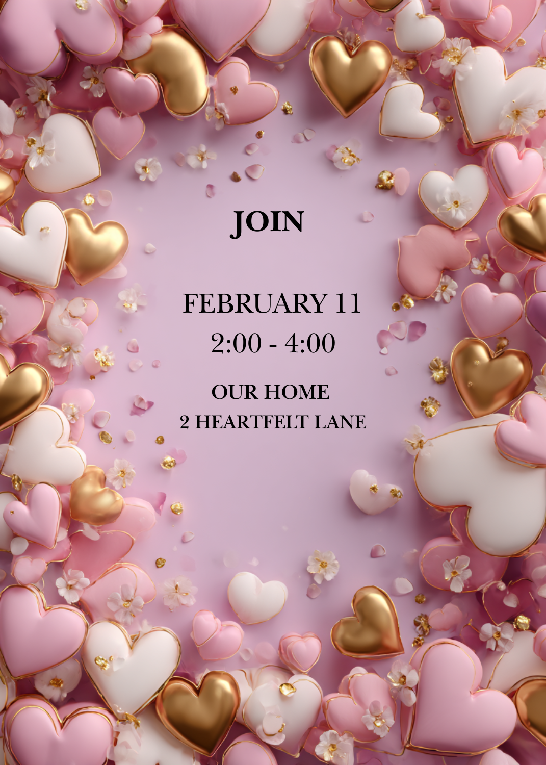 An invitation on a soft purple background framed by a dense border of 3D pink, white, and gold hearts interspersed with small white flowers. Centered text reads 'JOIN' followed by event details.