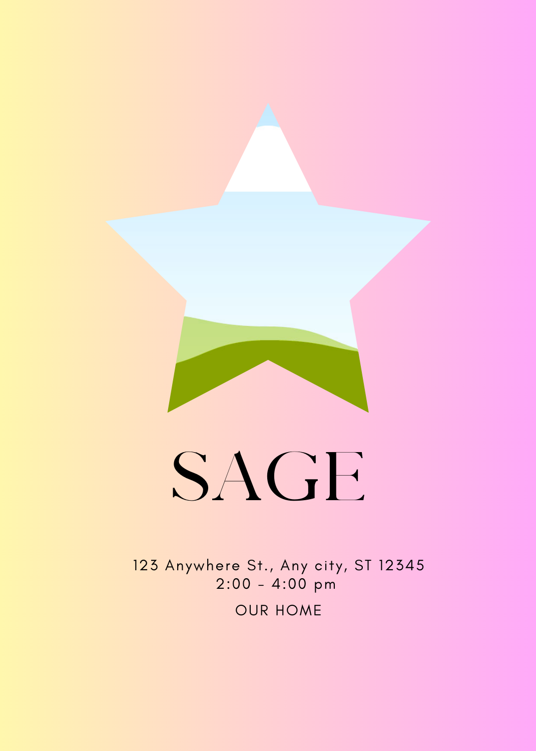 An invitation featuring a soft yellow to pink gradient background with a large star-shaped photo frame in the center. The name 'SAGE' is printed below the star.