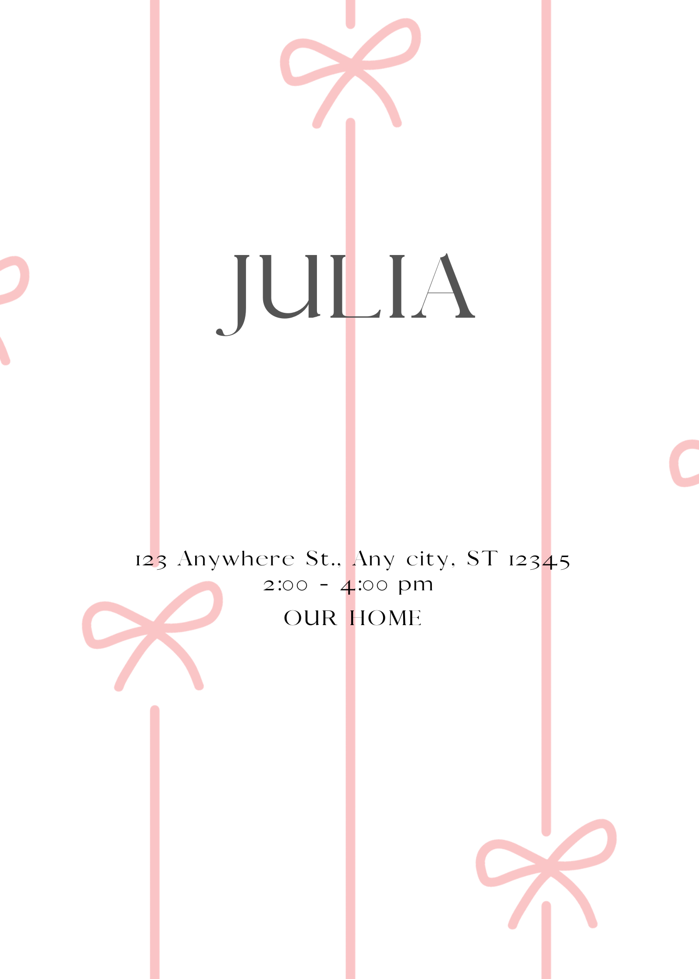 A playful white invitation featuring thin vertical pink lines and simple pink bow icons. The name 'JULIA' is featured prominently in the center.