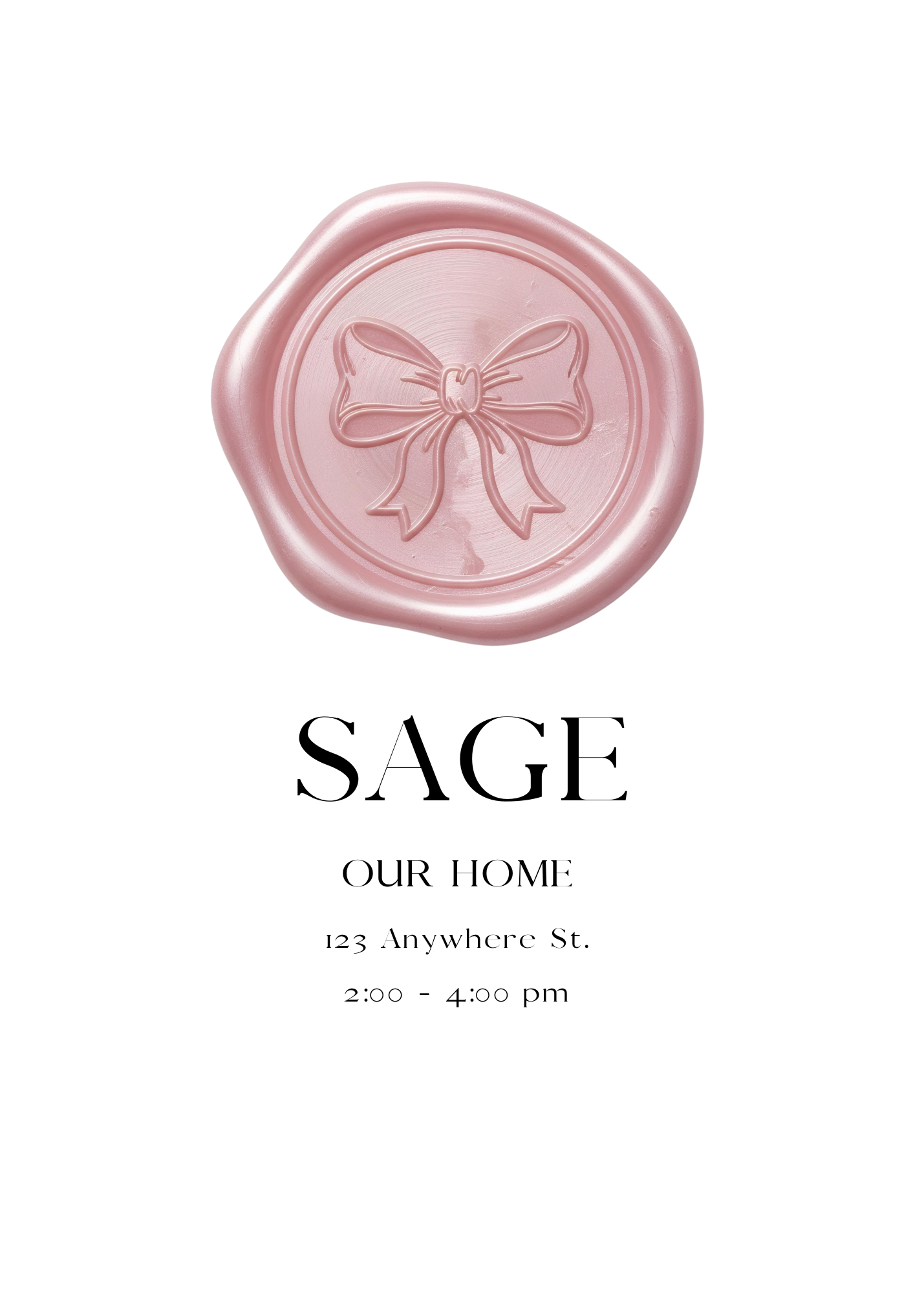 A minimalist white invitation featuring a shimmering pink wax seal with an embossed bow in the center. The name 'SAGE' is printed in a modern serif font below.