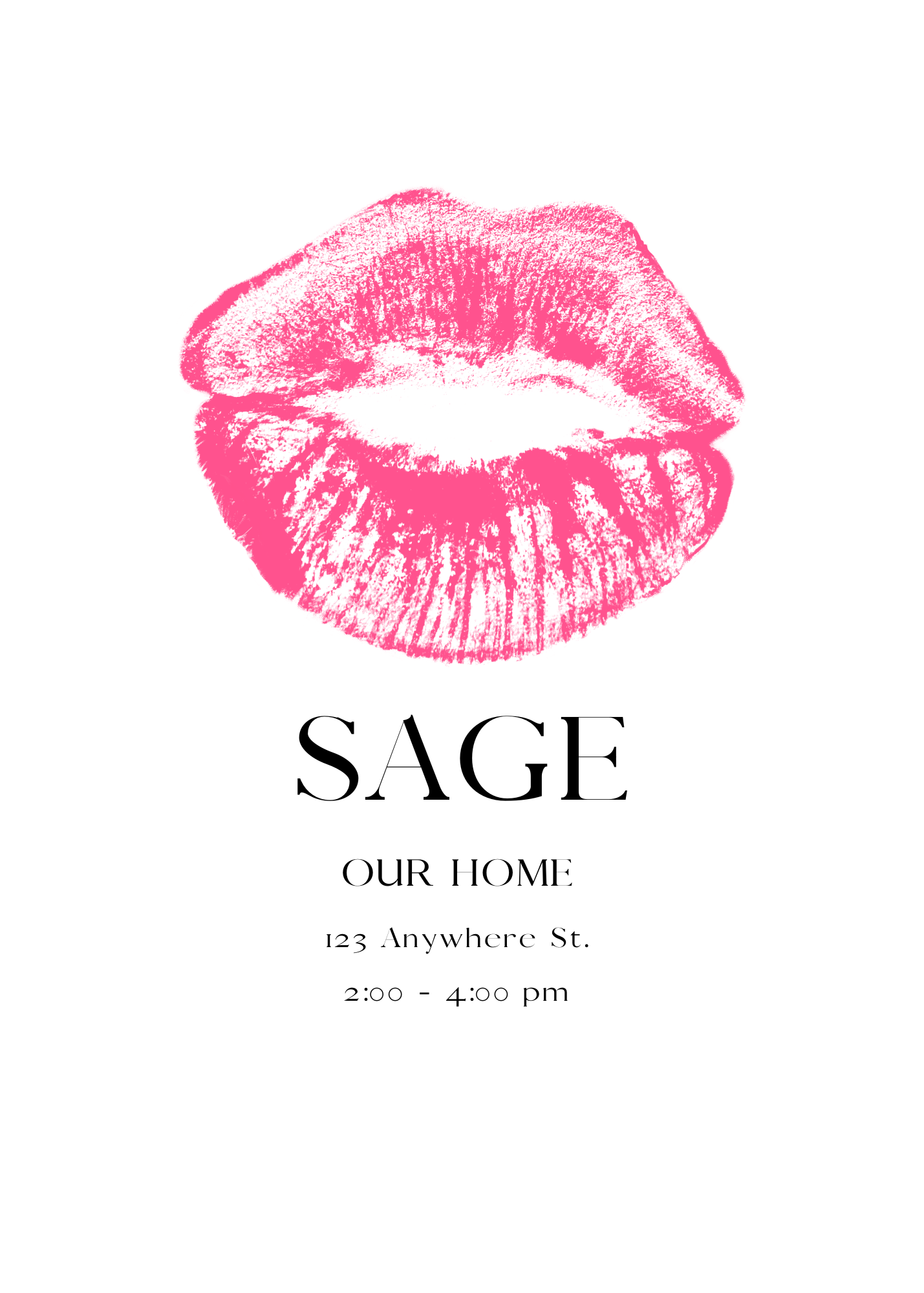 A clean white invitation featuring a large, textured hot pink lip print in the center. The name 'SAGE' and party details are centered below.