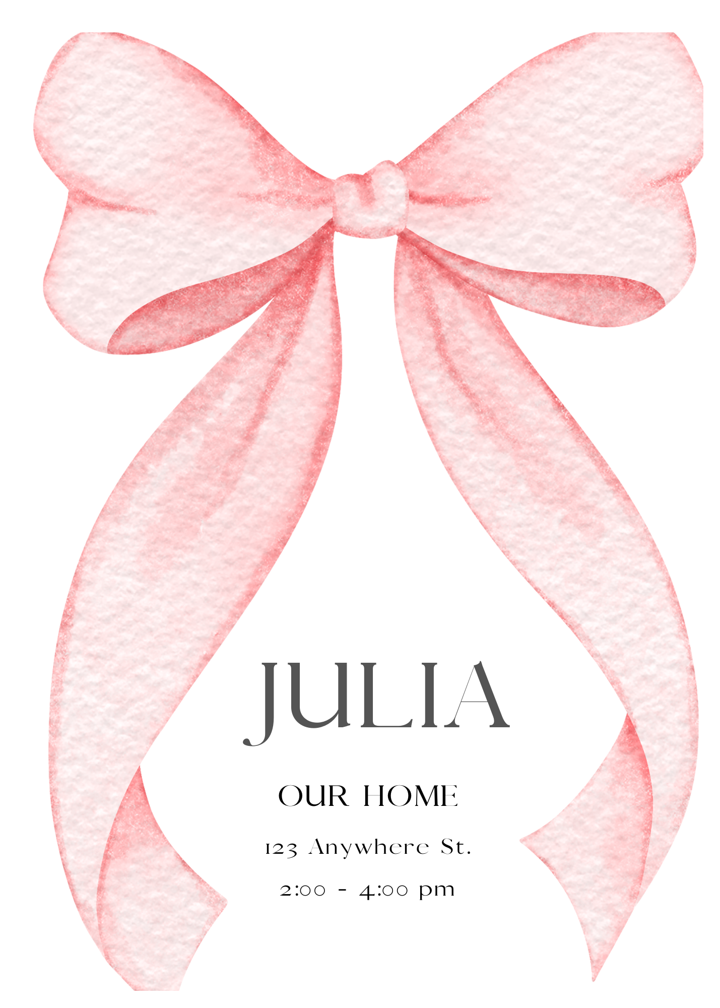 An elegant invitation featuring a large, soft pink watercolor bow that frames the top of the card. The name 'JULIA' is printed in the center.
