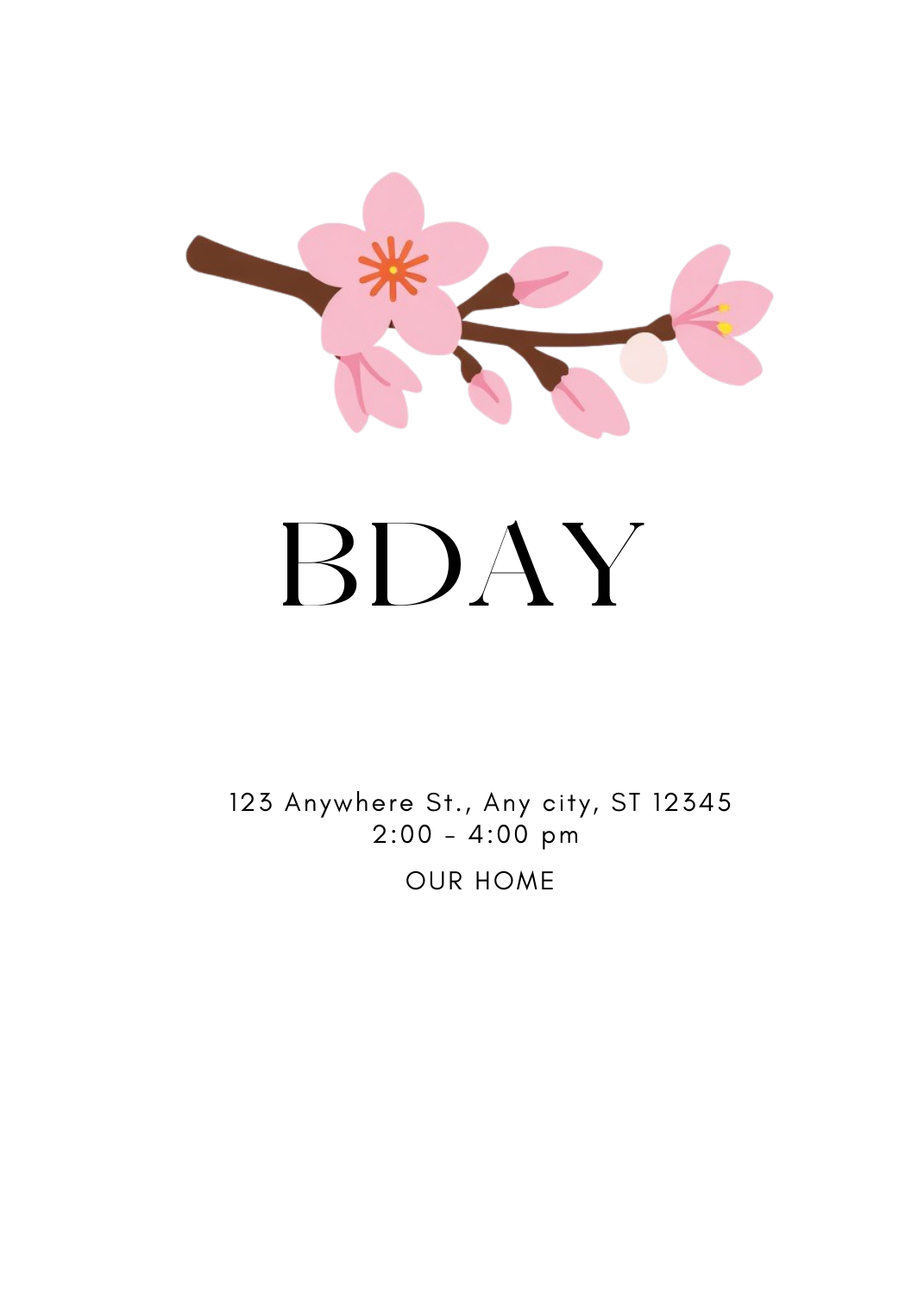 An invitation with a horizontal brown branch featuring soft pink magnolia blossoms and buds. 'BDAY' is written in a classic font underneath the branch.