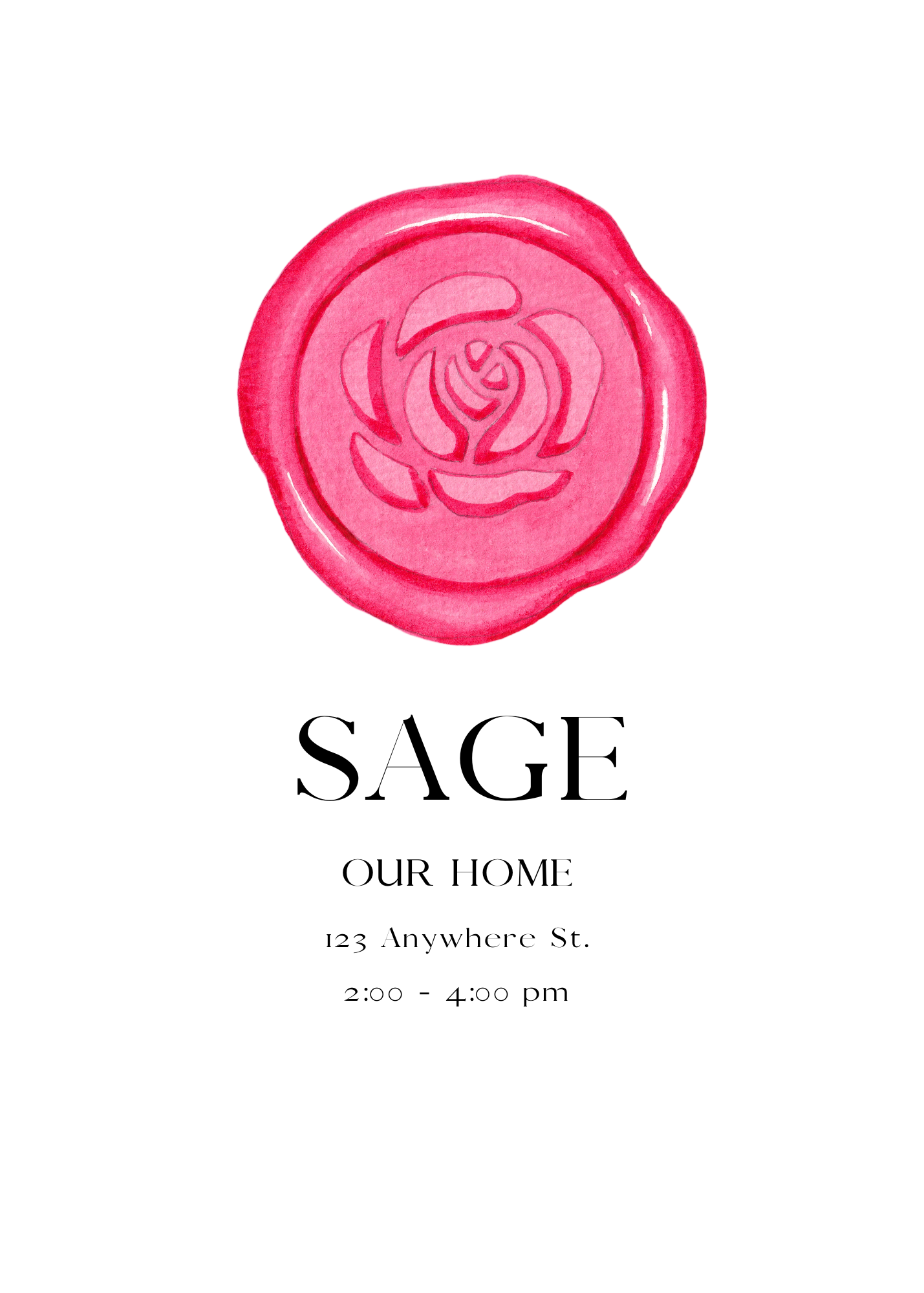 A minimalist white invitation featuring a vibrant pink watercolor wax seal with an embossed rose design. The name 'SAGE' is centered below the icon.