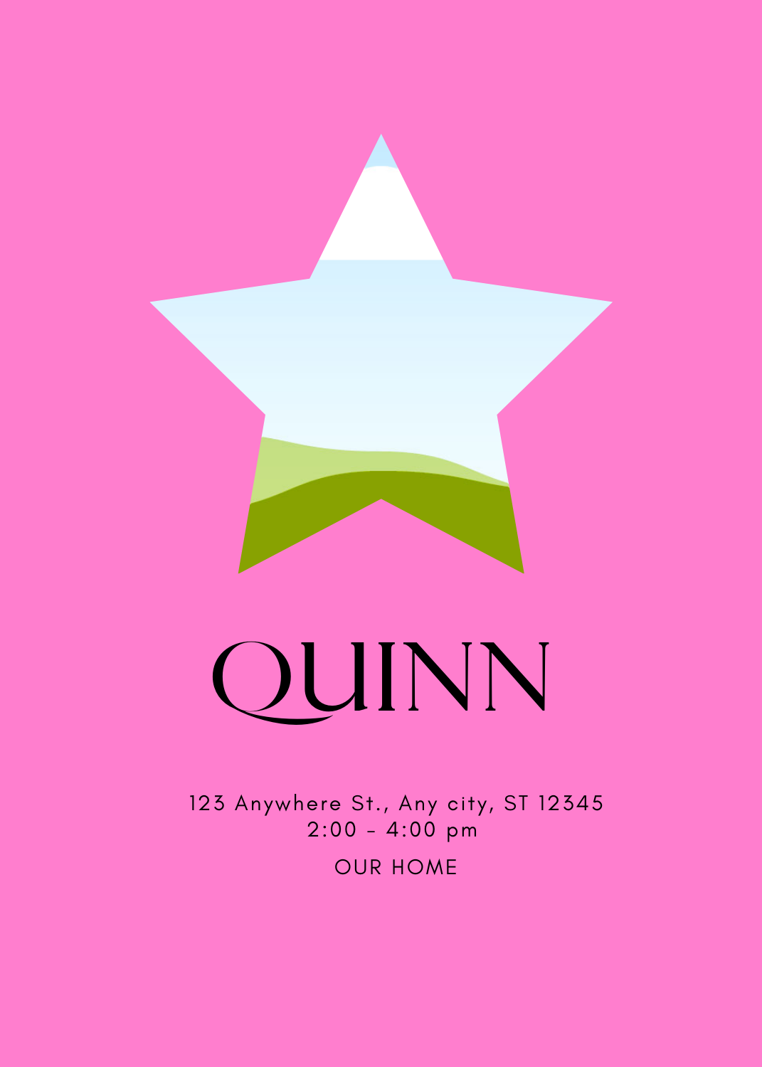 A vibrant pink invitation with a large star-shaped cutout in the center acting as a photo frame. The name 'QUINN' is printed in black at the bottom.
