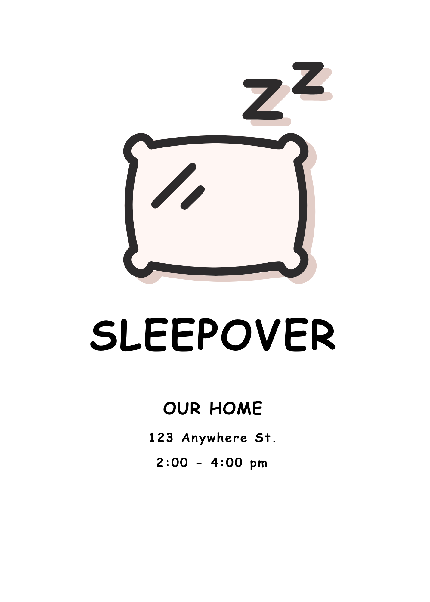 A simple white invitation with a black-and-white icon of a pillow and 'Zzz' sleep symbols. The word 'SLEEPOVER' is written in a playful bold font.