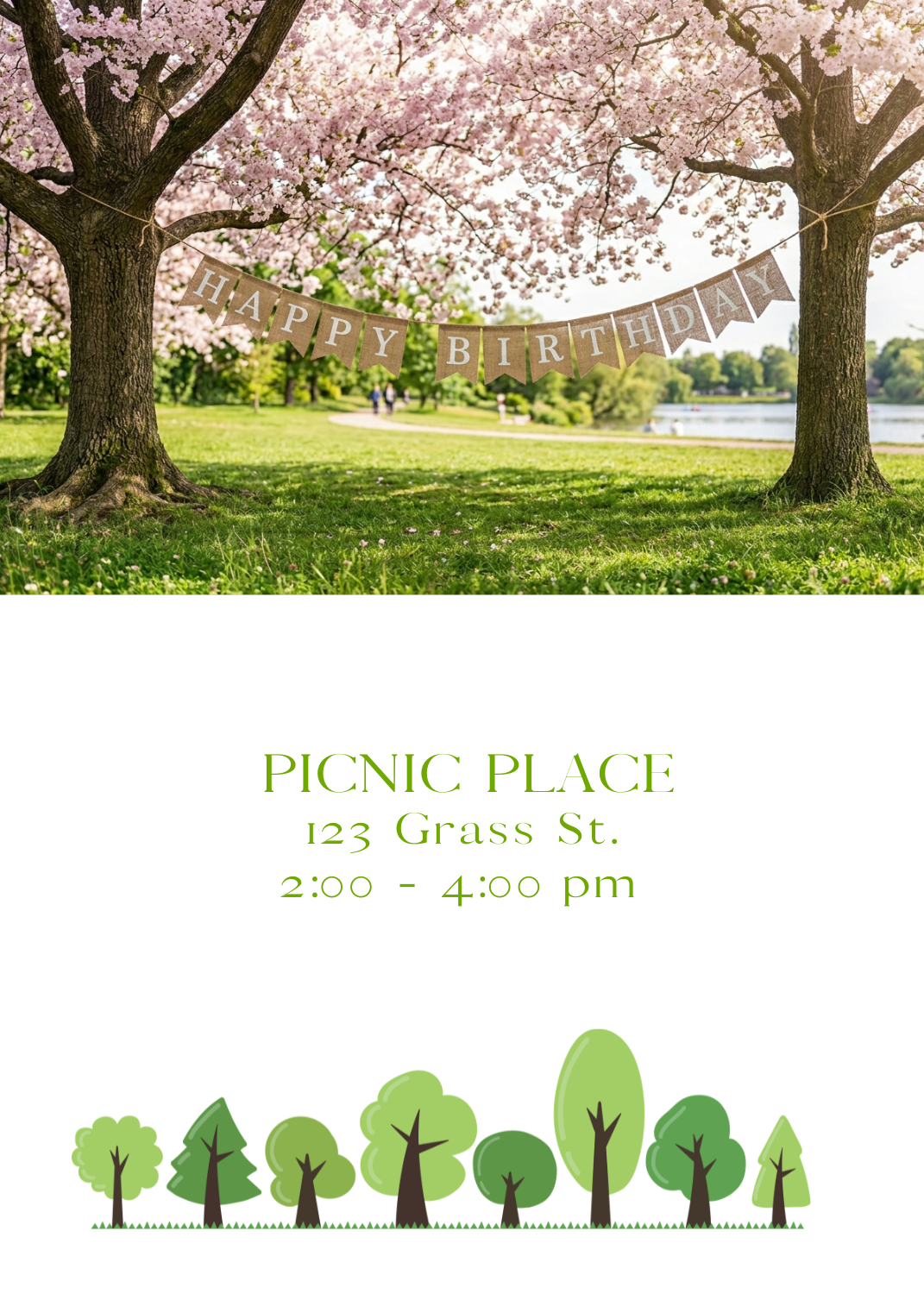 A photographic invitation featuring a beautiful park scene with two blooming pink cherry blossom trees. A burlap 'HAPPY BIRTHDAY' pennant banner is strung between the trees over a green lawn, with a row of illustrated green trees at the bottom.