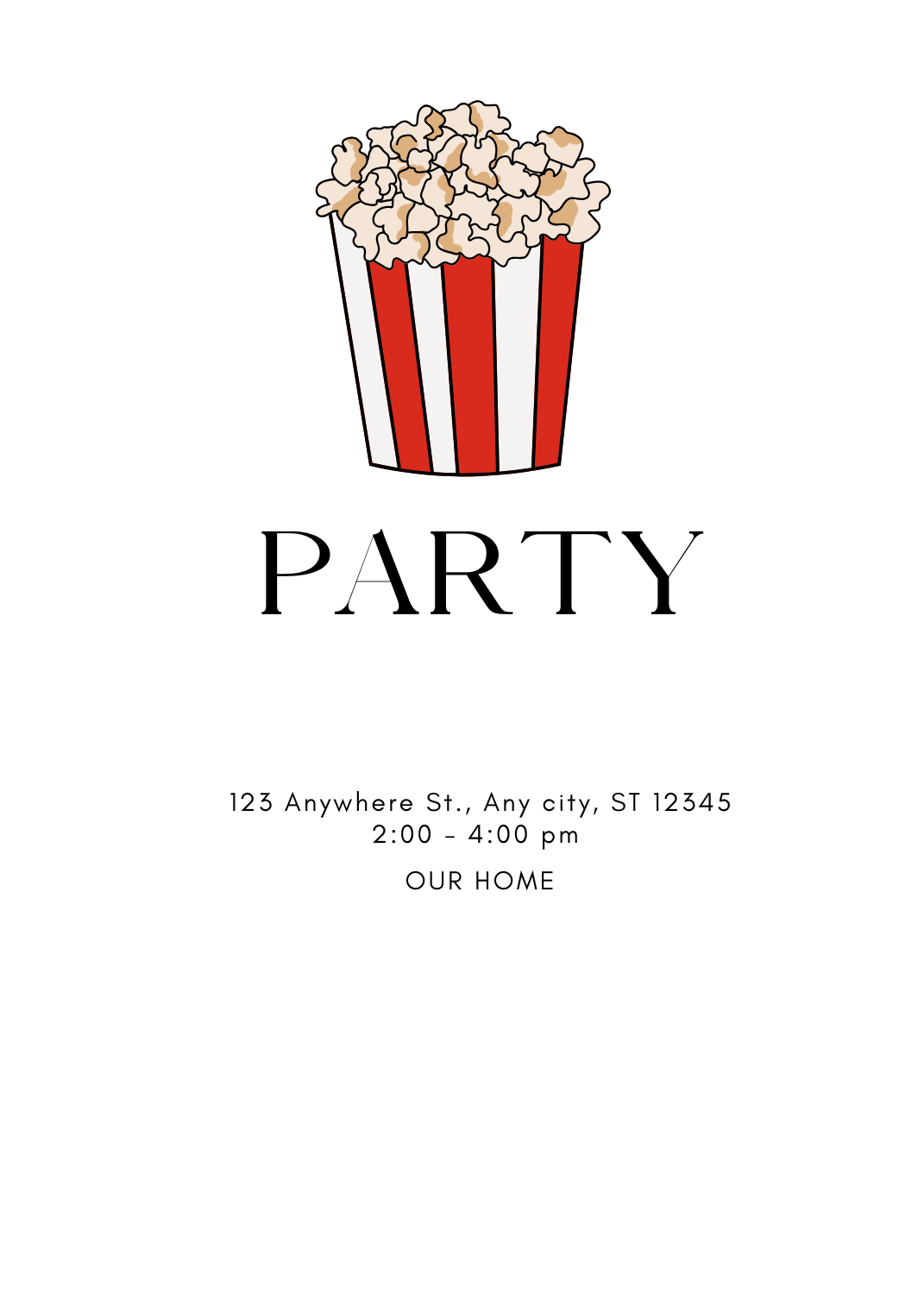 An invitation featuring a classic red and white striped popcorn bucket overflowing with popcorn. Centered text reads 'PARTY'.