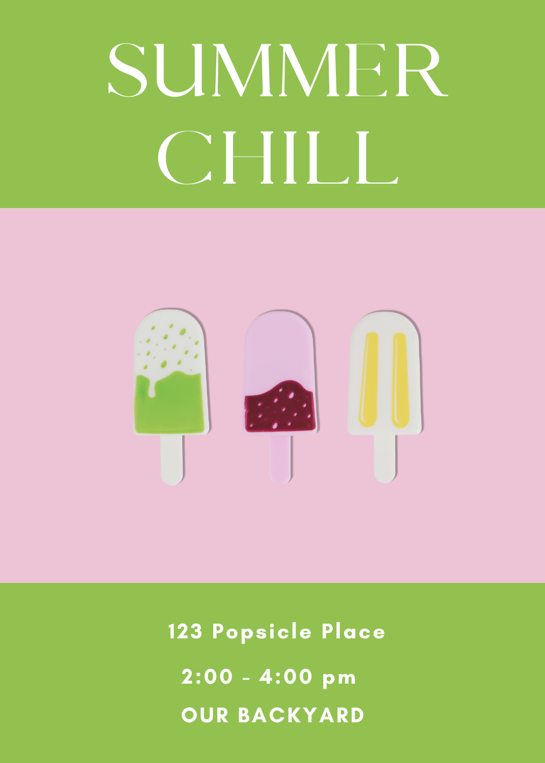 A summer invitation featuring three illustrated popsicles in green, purple, and yellow against a pink background, framed by bright green headers and footers.