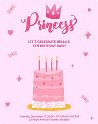 Pink layered birthday cake with candles and a crown, surrounded by stars, butterflies, and hearts on a pink background.