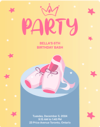 Pink ballet shoes on a pedestal under the word 'Party' with a crown and surrounded by stars on a yellow background.