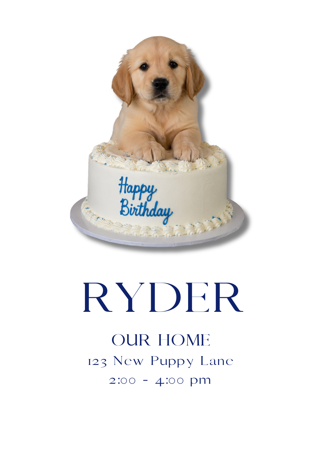 A golden retriever puppy sitting directly on top of a white frosted cake that says 'Happy Birthday' in blue script.