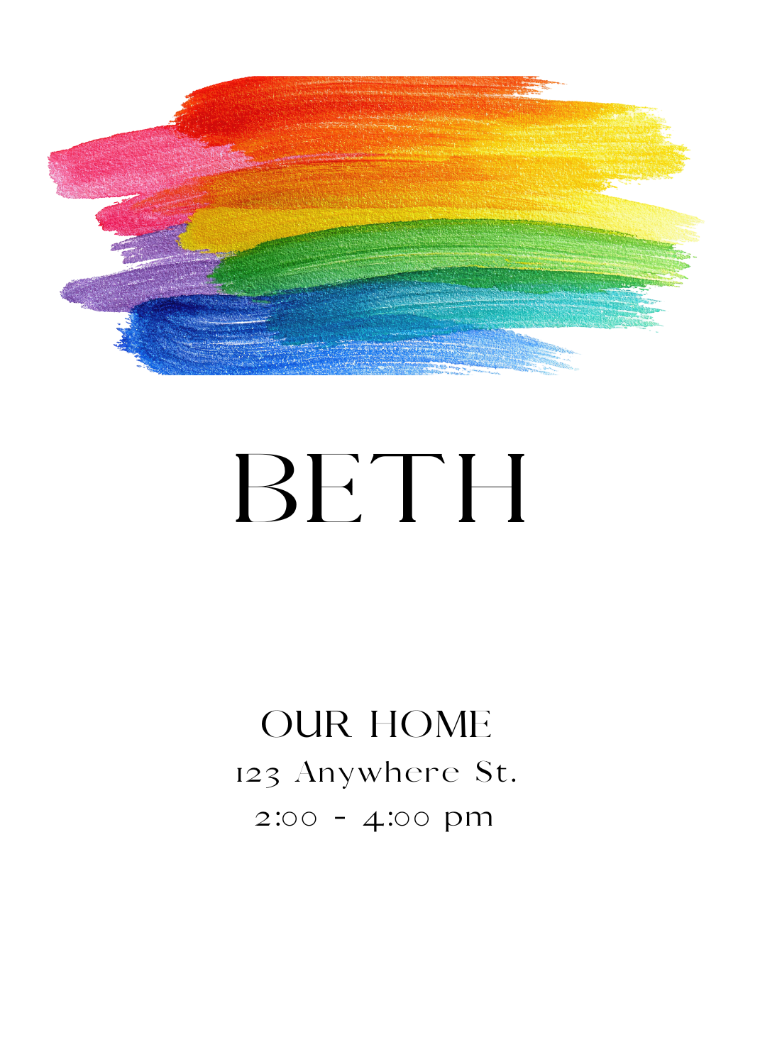 A bold, horizontal rainbow paint stroke made of multiple bright colors on a white background. The name 'BETH' is printed in black in the center.