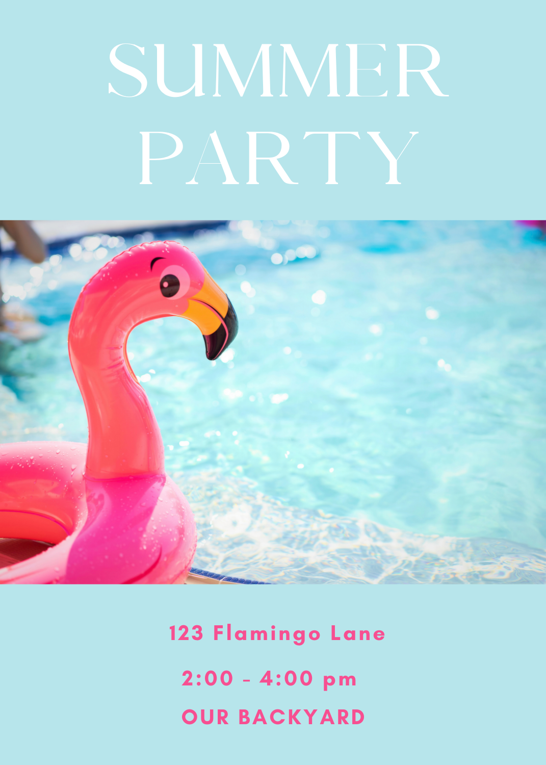 A pool party invitation featuring a close-up photo of a pink inflatable rubber flamingo floating in bright blue pool water under a light blue header.