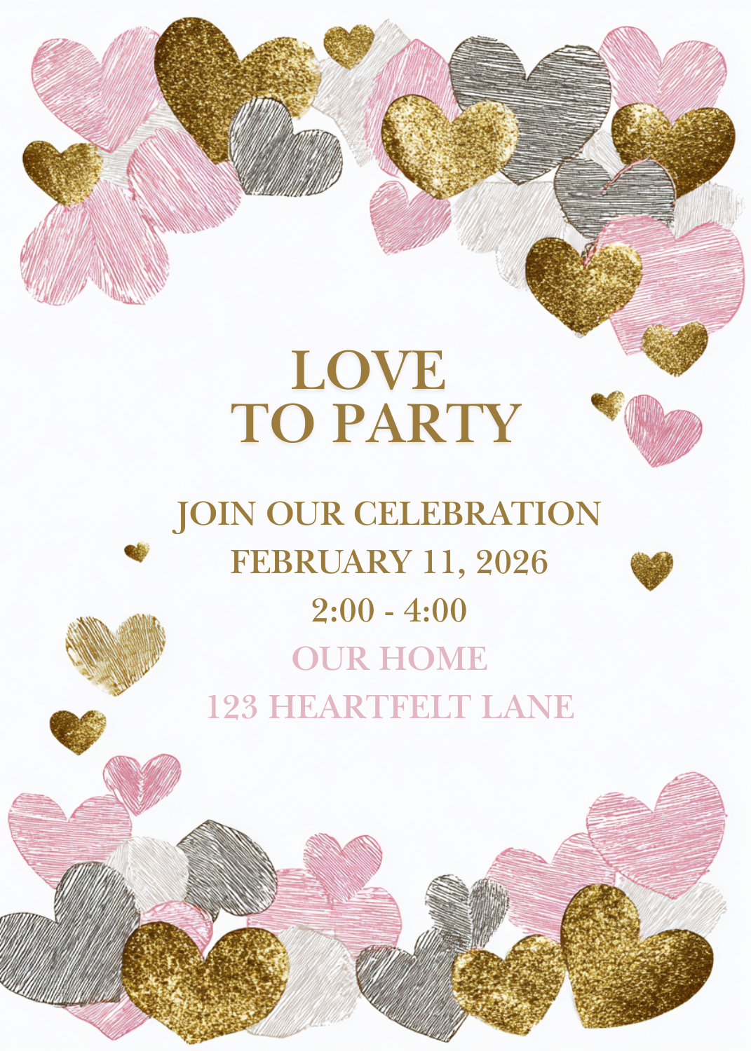 A festive invitation with borders of mixed hearts, including gold glitter, pink sketched, and silver-grey sketched styles. The headline 'LOVE TO PARTY' is featured in gold text at the top.