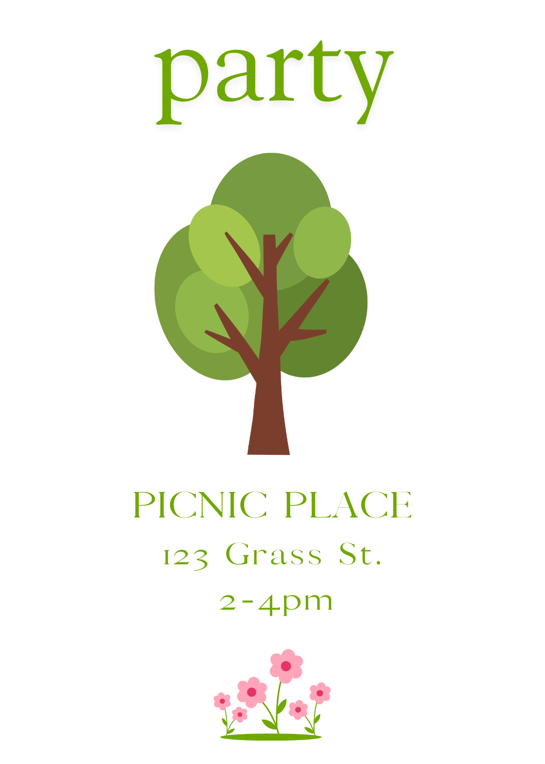 A clean white invitation featuring a stylized graphic of a green tree with a brown trunk in the center. The lowercase word 'party' is written in green at the top, and a small cluster of pink flowers sits at the base.