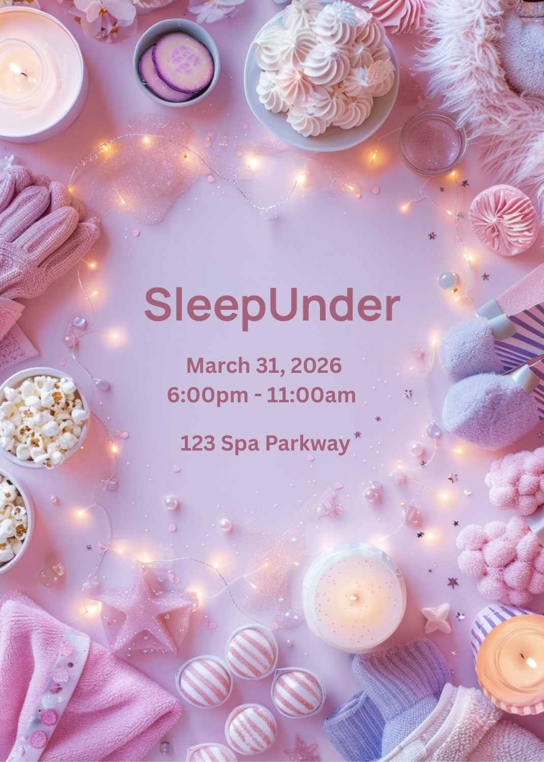 A cozy pink-themed invitation framed by twinkle lights, featuring spa items like cucumber slices, candles, popcorn, and plush gloves. The text 'SleepUnder' is centered.