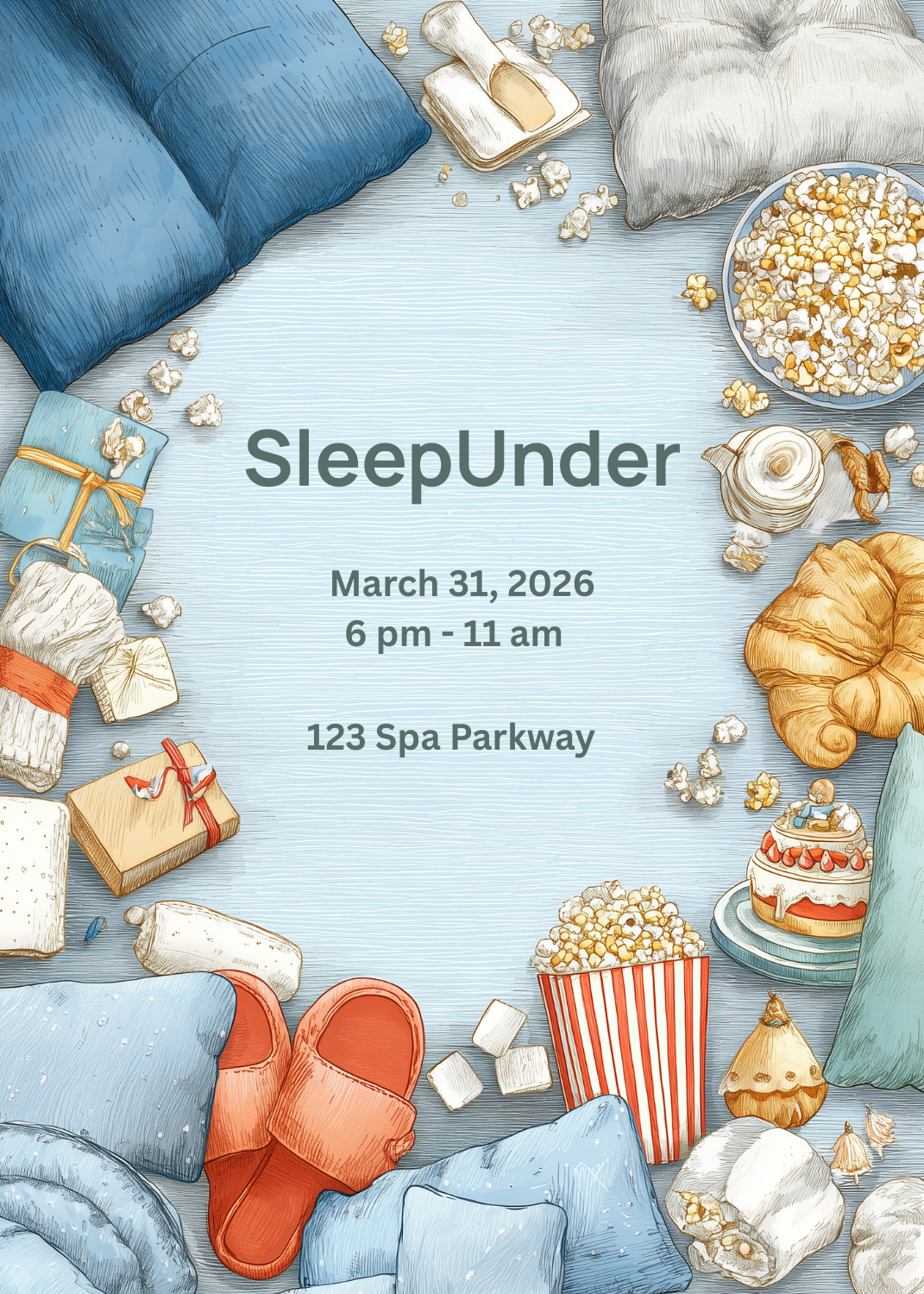 A blue-themed illustrated invitation featuring pillows, slippers, popcorn, and a croissant. The text 'SleepUnder' is centered on a light blue wood-textured background.