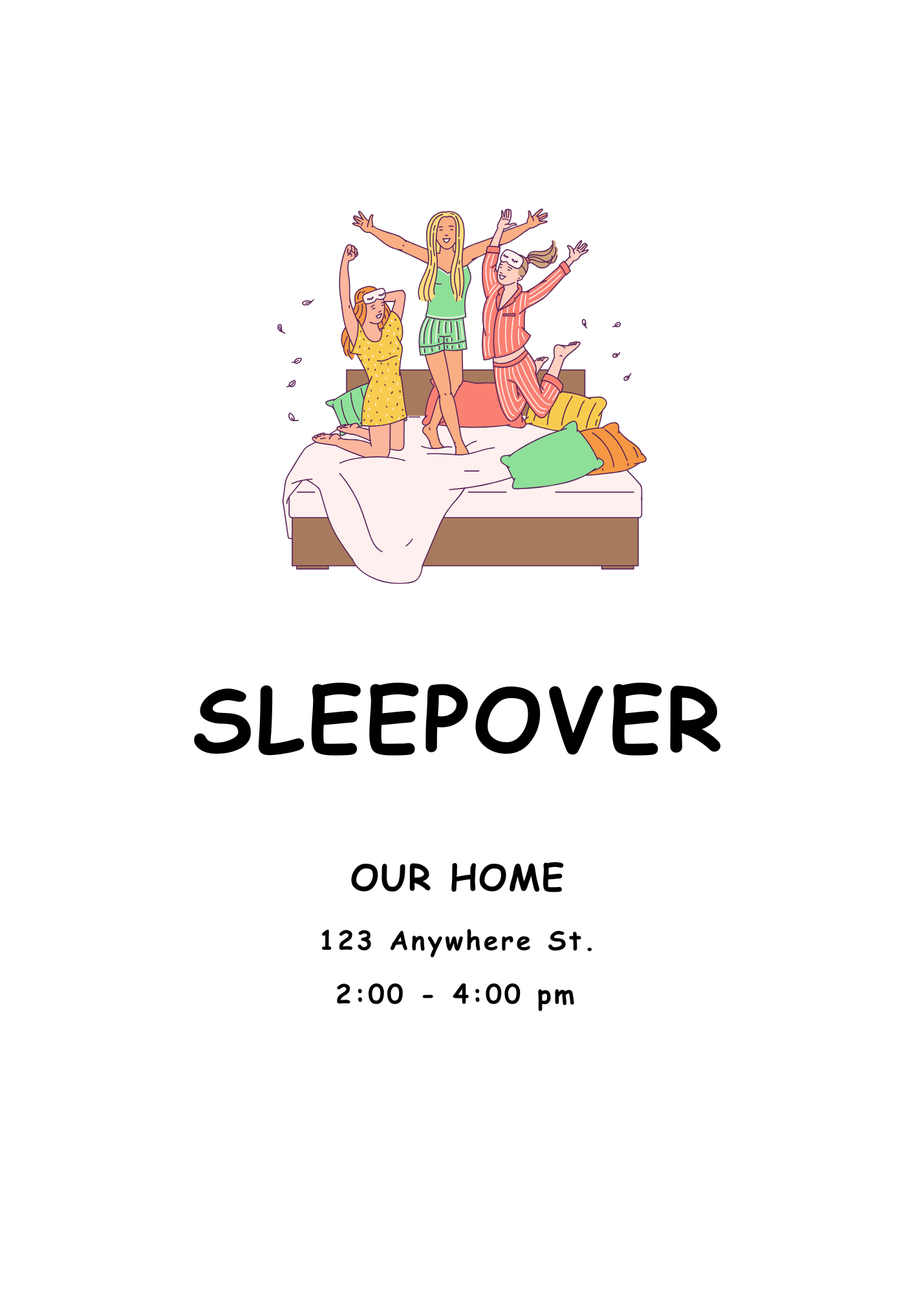 An illustrated invitation featuring three girls in pajamas jumping happily on a bed with colorful pillows. The word 'SLEEPOVER' is featured in a fun black font.