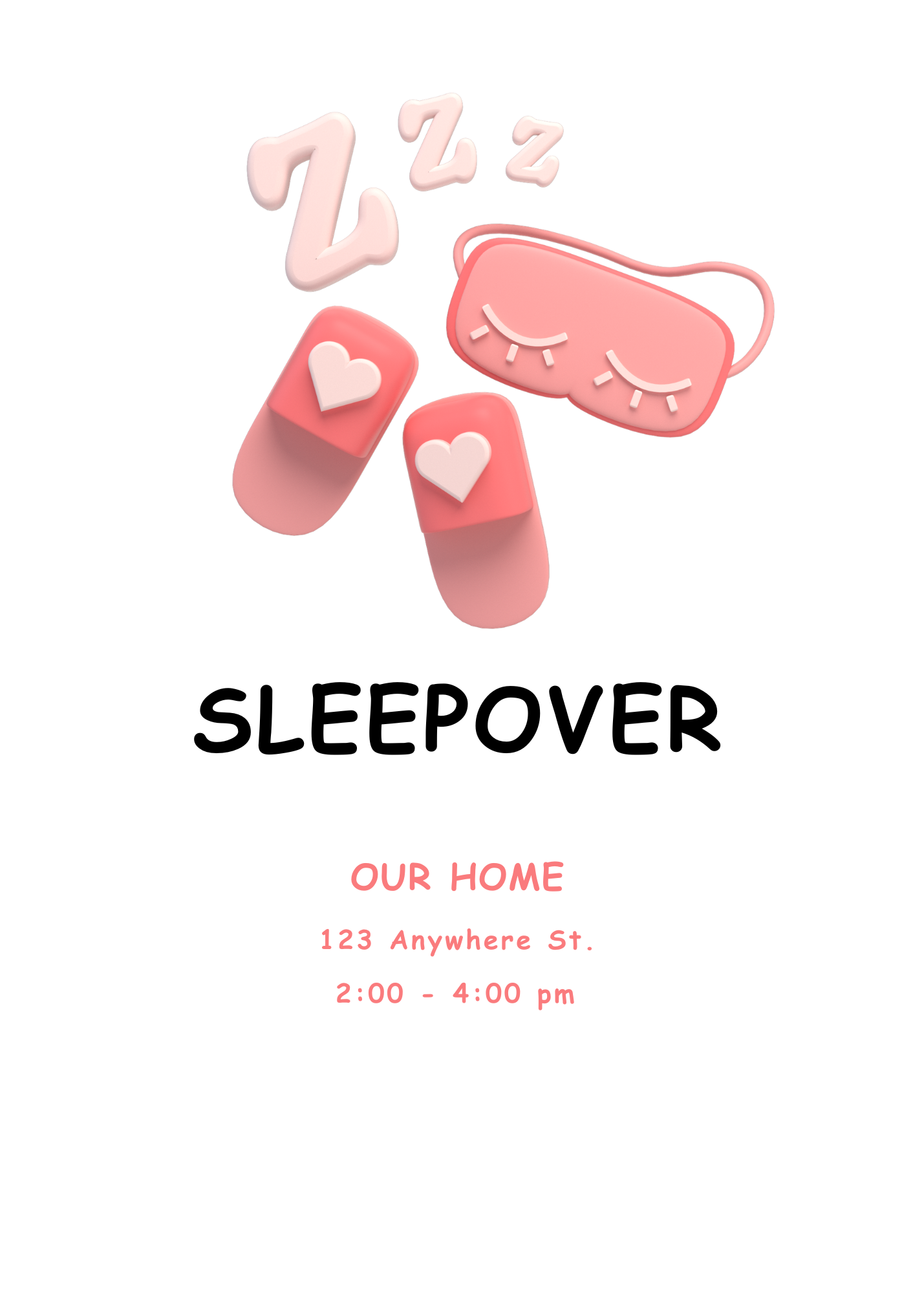 A 3D-style invitation featuring pink heart-adorned slippers and a matching sleep mask with closed-eye embroidery. The word 'SLEEPOVER' is centered below.