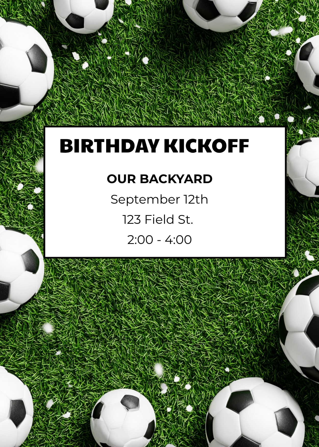 A soccer-themed birthday invitation featuring a white rectangular card in the center with 'BIRTHDAY KICKOFF' text, surrounded by black-and-white soccer balls on lush green grass.