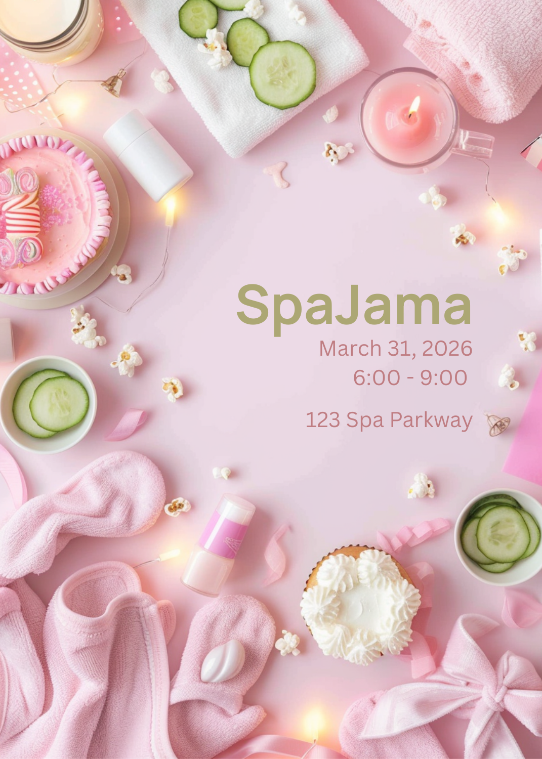 A vibrant pink invitation featuring spa and party items including a cake, popcorn, cucumber slices, and slippers. The text 'SpaJama' is centered in olive green.