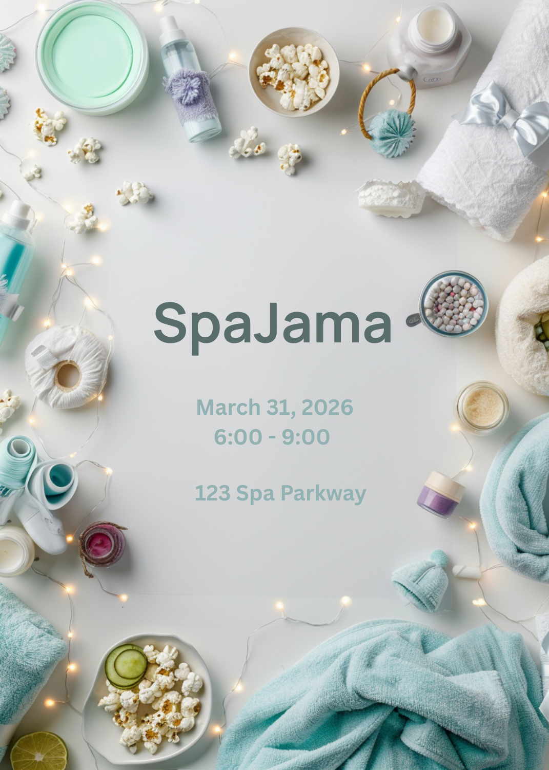 A serene white and blue invitation featuring spa essentials like towels, cucumber, popcorn, and skincare products arranged around the central text 'SpaJama'.