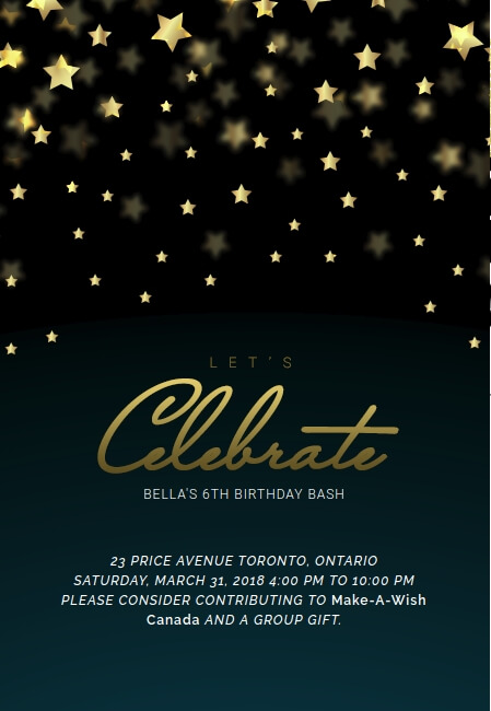 A celebration invitation with falling gold stars on a dark background and elegant 'Celebrate' text.