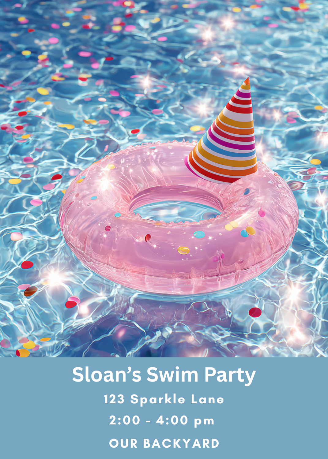 An invitation showcasing a pink translucent swim ring floating in sparkling pool water filled with colorful confetti. A striped party hat rests on the ring above a solid blue text block.