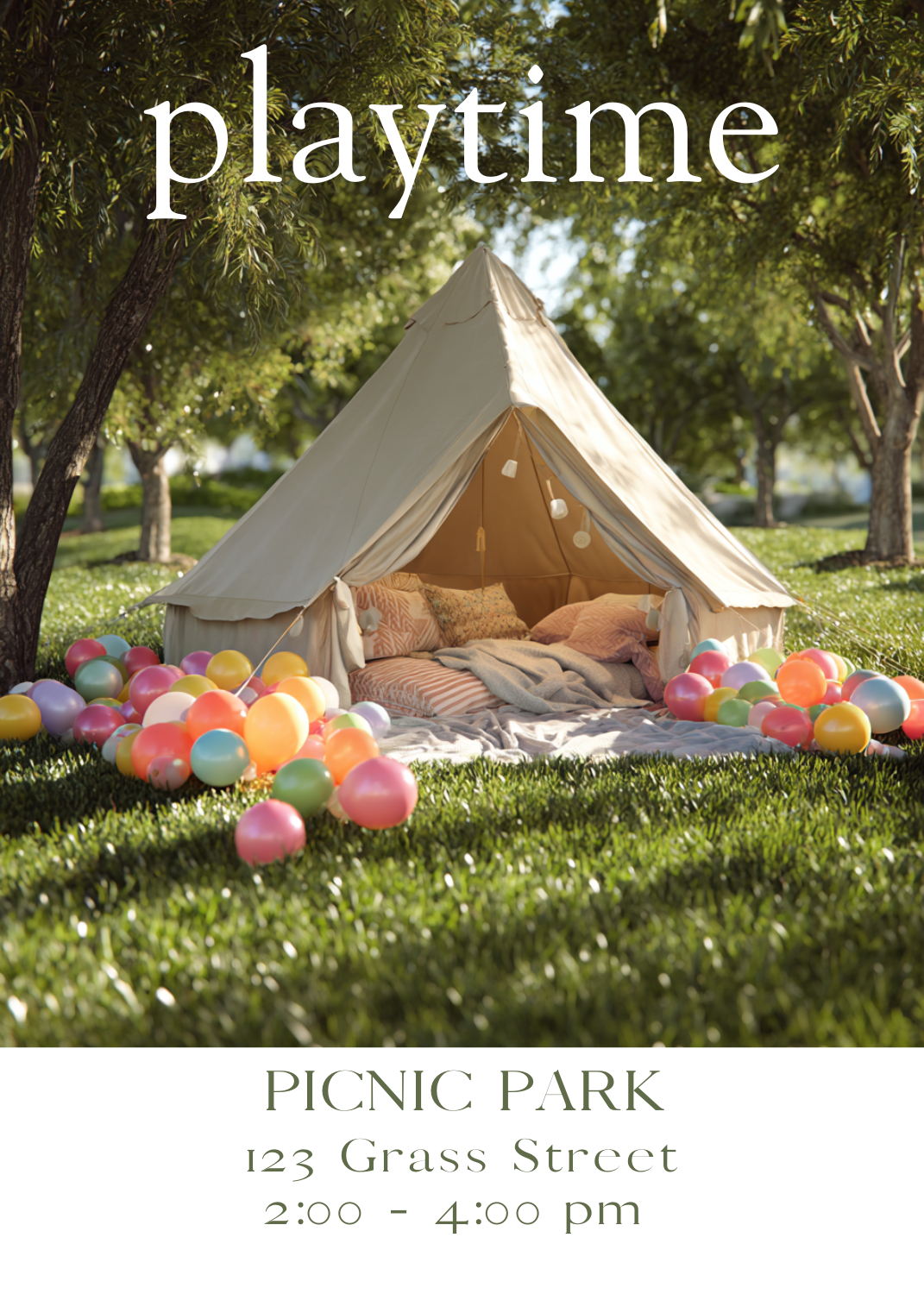 A photographic invitation showing a cozy beige teepee tent setup in a grassy park surrounded by trees and a colorful assortment of balloons. The word 'playtime' is written at the top in white.