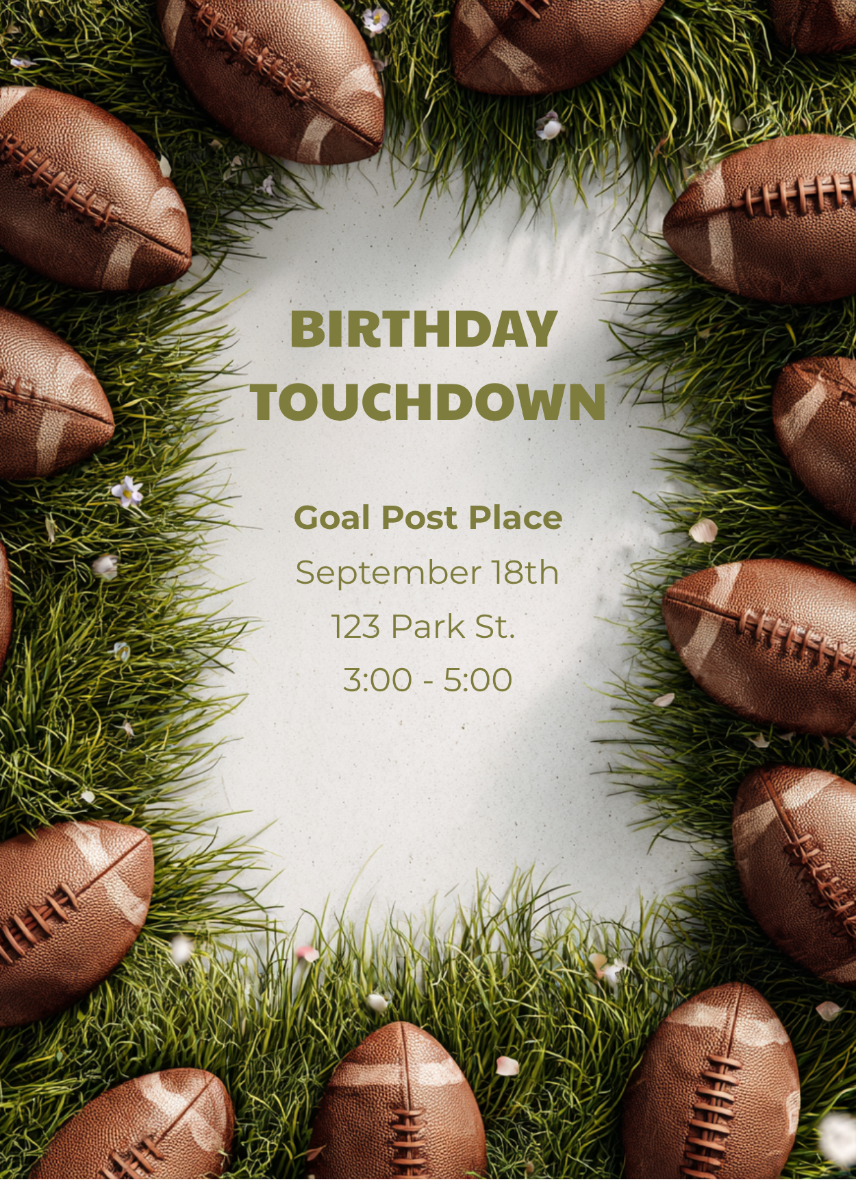 An American football-themed invitation featuring a central off-white background framed by a border of leather footballs resting in green grass. The text reads 'BIRTHDAY TOUCHDOWN'.