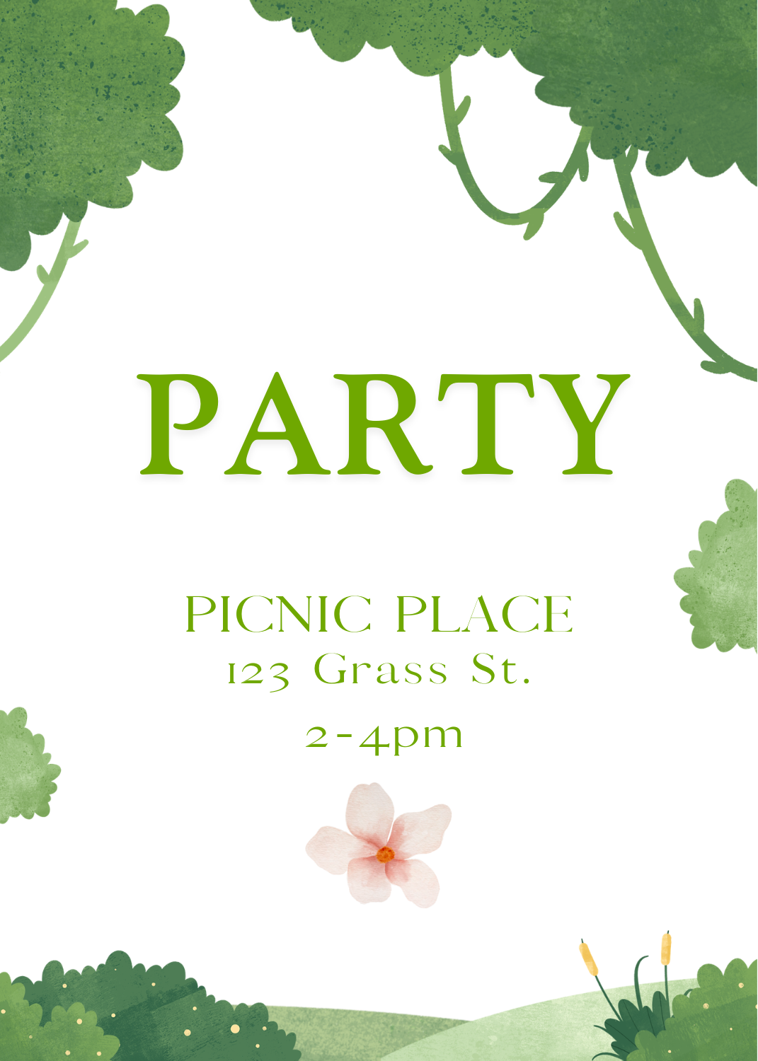 A white invitation framed by illustrated green tree canopies at the top and soft grassy bushes at the bottom. The word 'PARTY' is written in a vibrant green font, accented by a single pink watercolor flower.
