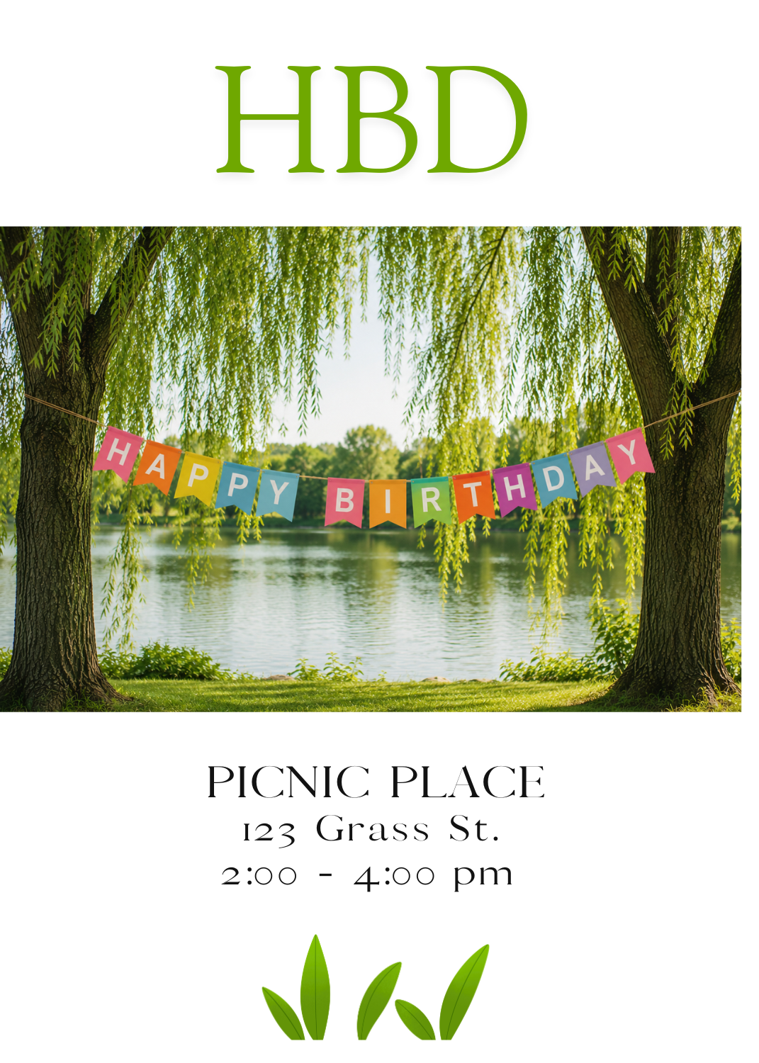 A photographic invitation showing a serene lake view framed by two weeping willow trees. A vibrant, colorful triangle flag banner reading 'HAPPY BIRTHDAY' is strung across the water below a large green 'HBD' headline.