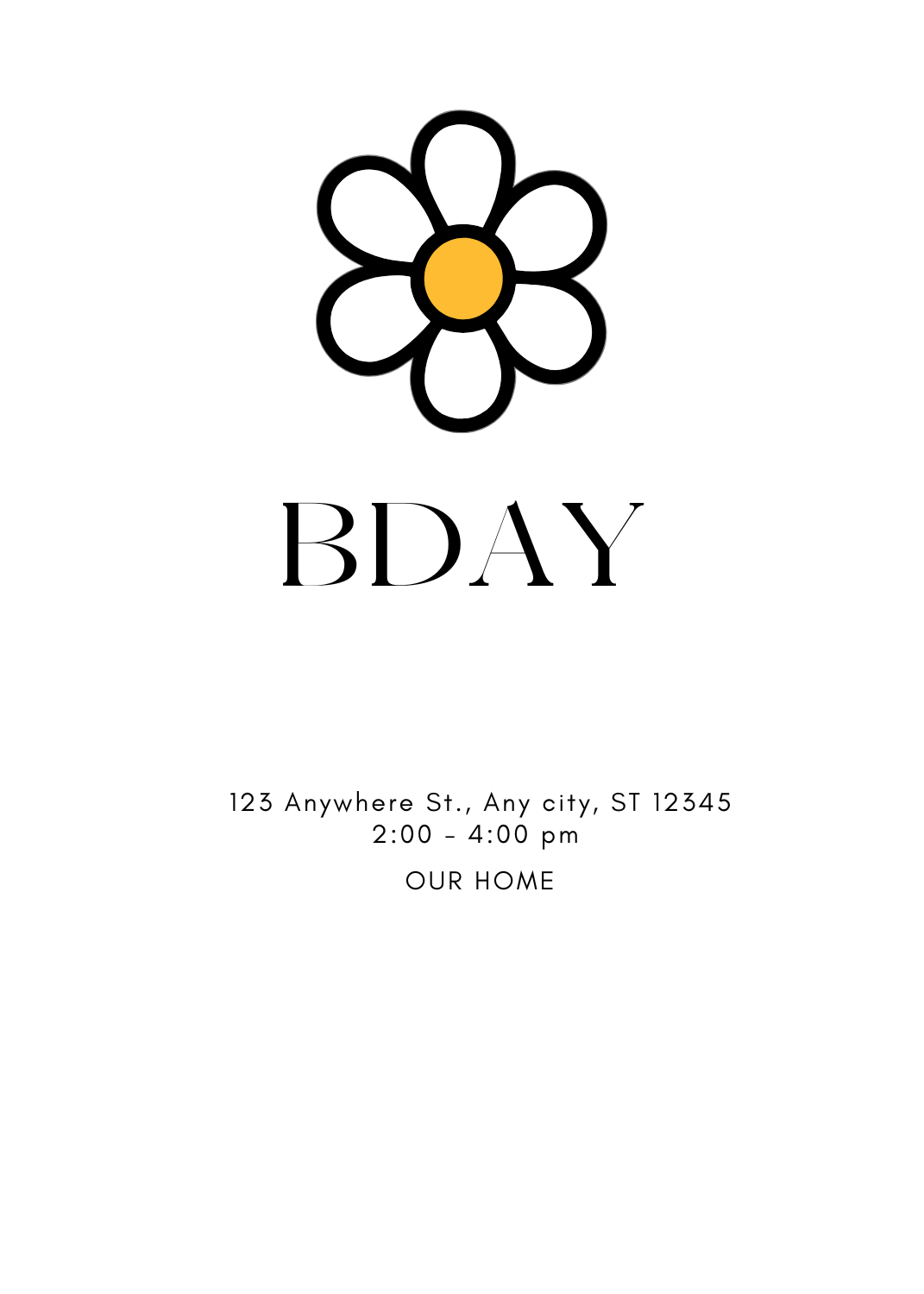 A minimalist invitation featuring a single, bold yellow daisy with a thick black outline. The text 'BDAY' sits centered below the flower.