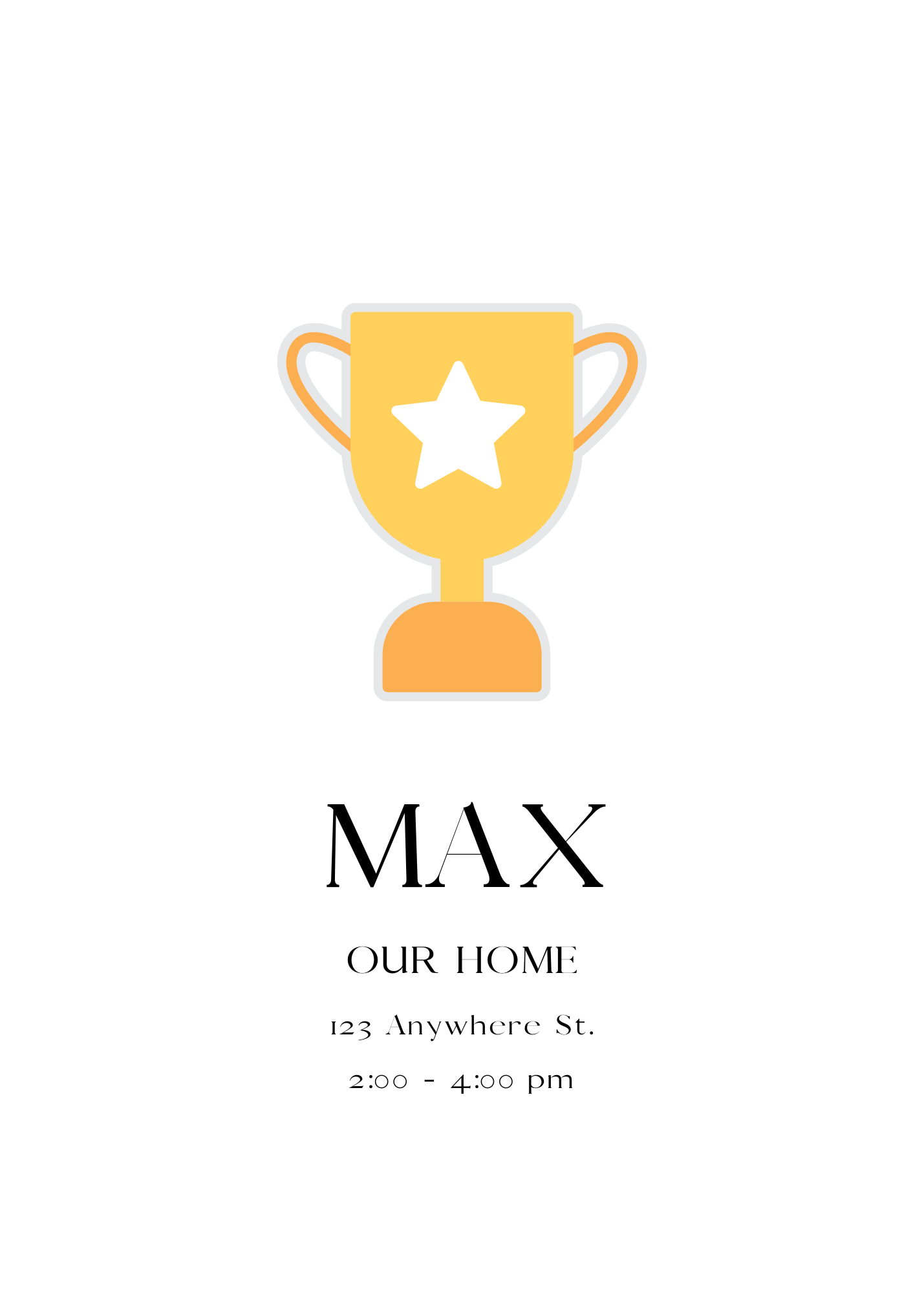 A clean white invitation featuring a flat illustration of a yellow trophy with a white star in the center. The name 'MAX' is featured prominently below.